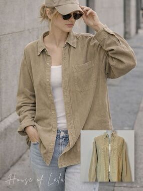 Vintage Corduroy Button Down Shirt 100% Cotton Tan Relaxed Fit Men’s M